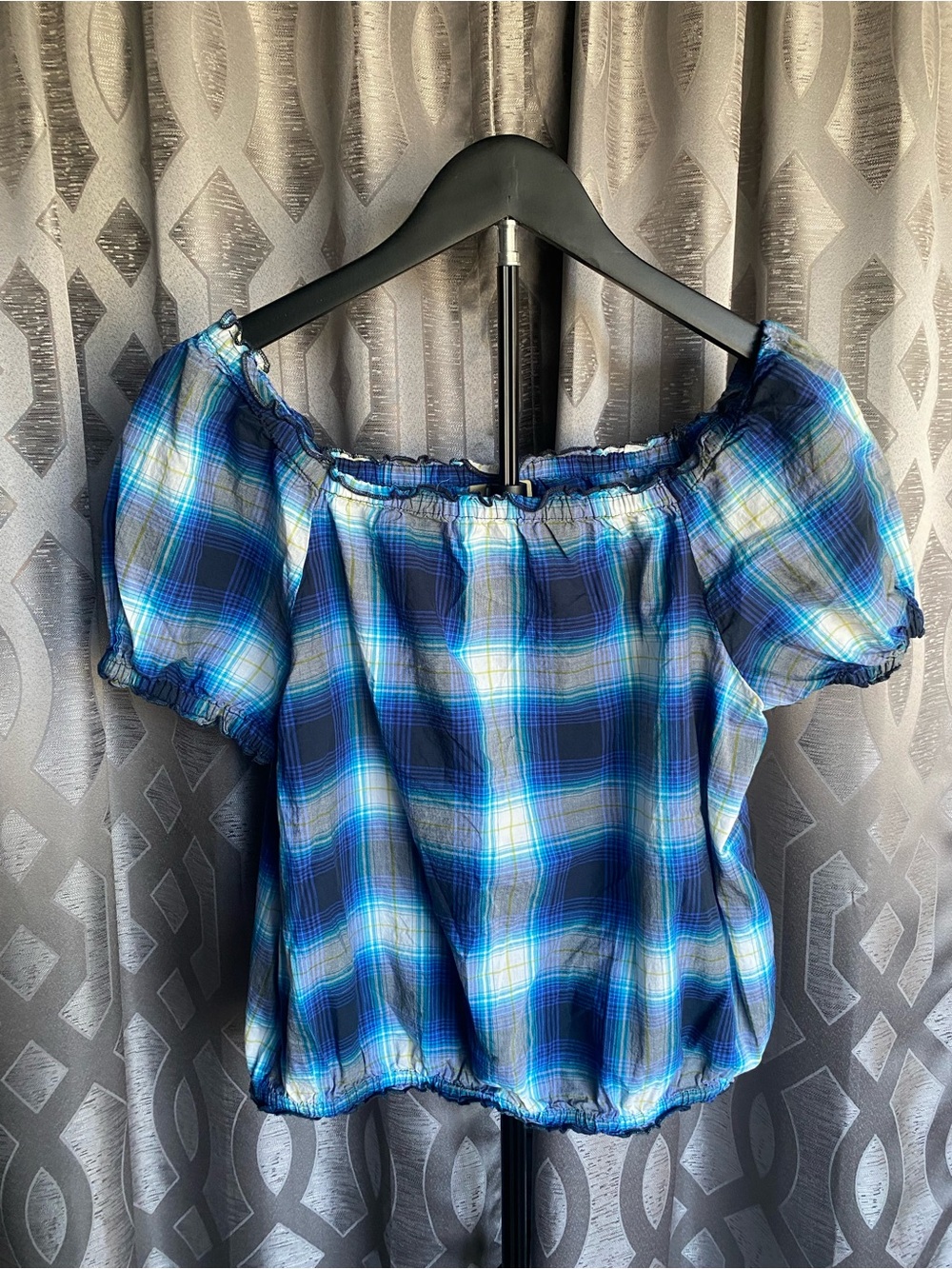 Thereabouts Girls XL 16 Blue Plaid Off Shoulder Peasant Boho Blouse